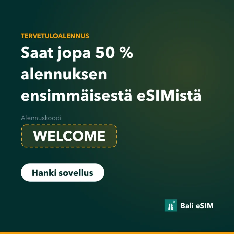 Bali eSIM -tarjouskoodi: 15 % alennus, koodi WELCOME