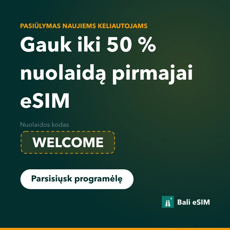 Bali eSIM nuolaidos kodas — 15 % su kodu WELCOME